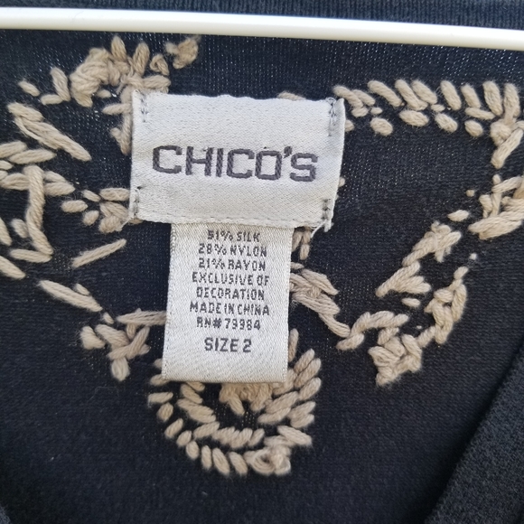 Chico's embroidered black pull over with open v neck. Long sleeve. Size 2 - Picture 5 of 5